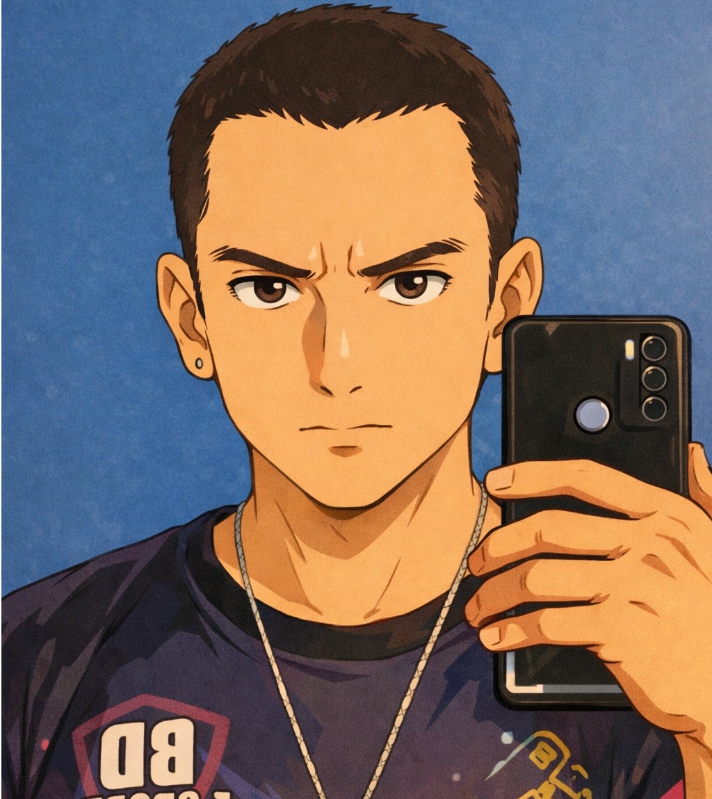 Gabriel Luiz, a young man with dark hair and a neutral expression, wearing a dark shirt with a logo, holding a smartphone in front of his face. The background is a solid blue color. The image conveys a professional and modern aesthetic.